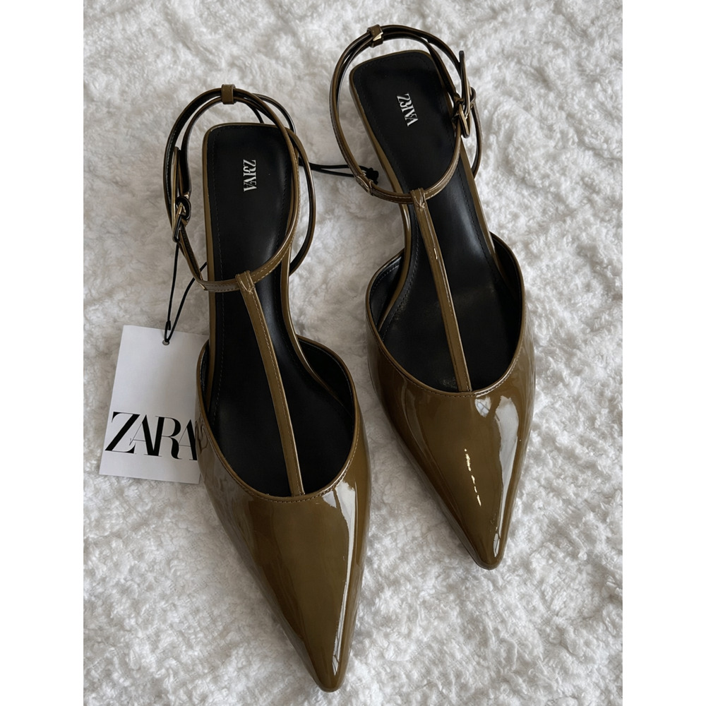 Zara Olive Green Pointed Toe T-Strap Slingback Heels NWT - Picture 6 of 16